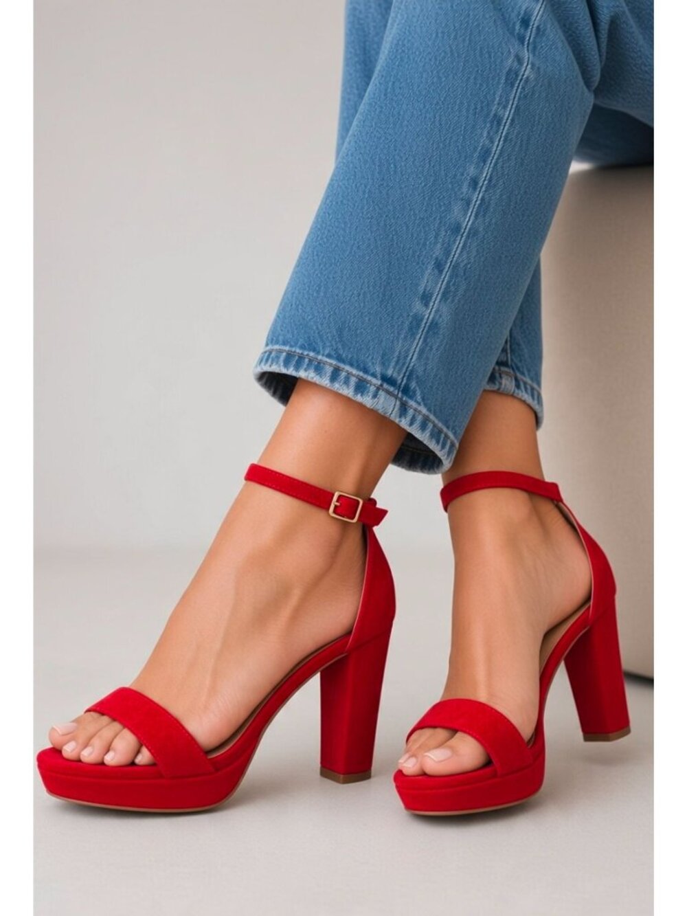 Red Faux Suede Block Heel Sandals With Adjustable Ankle Strap